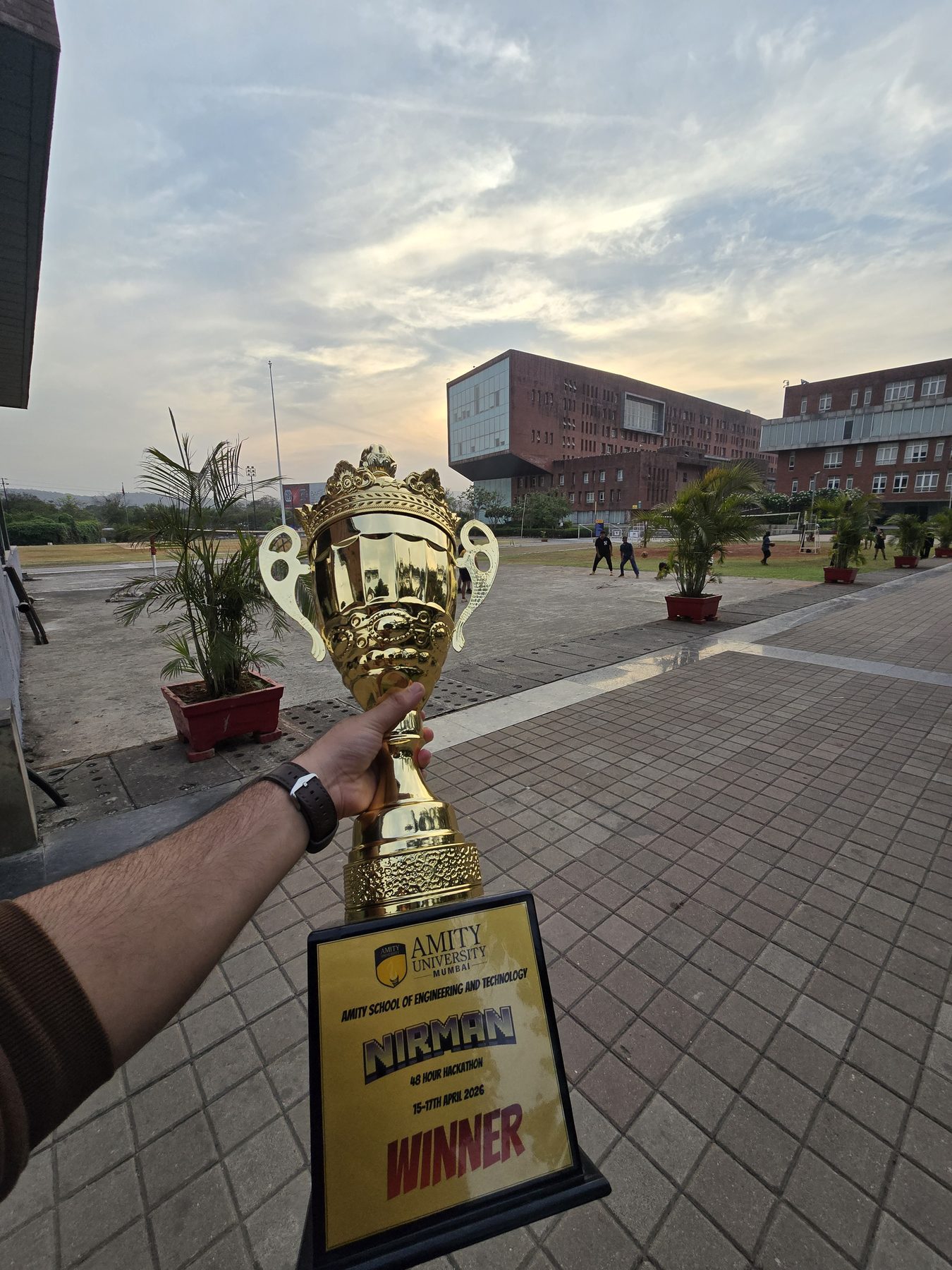 Close-up of the Nirman 2026 48-hour hackathon winner's trophy